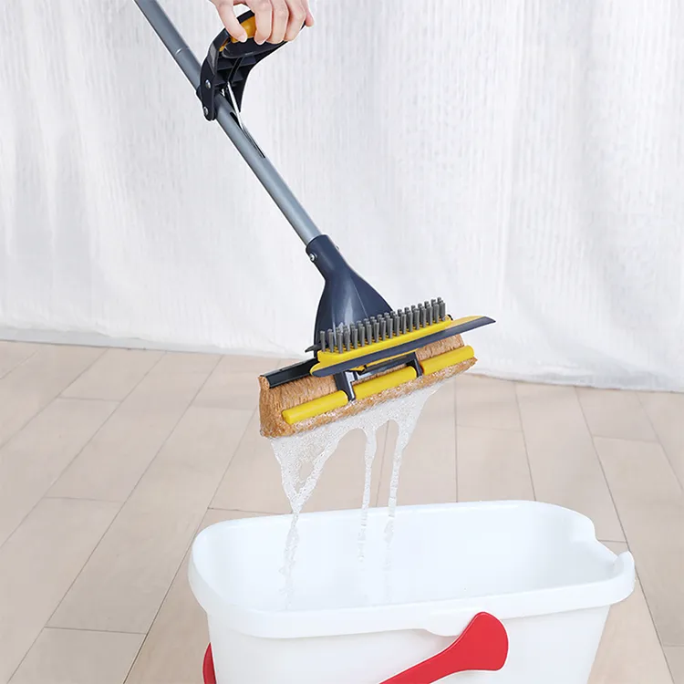 Boomjoy New Double Sides Sponge Mop with Brush Extendable Telescopic Long Handle 41-53 Inches Easily Dry Wringing Mop