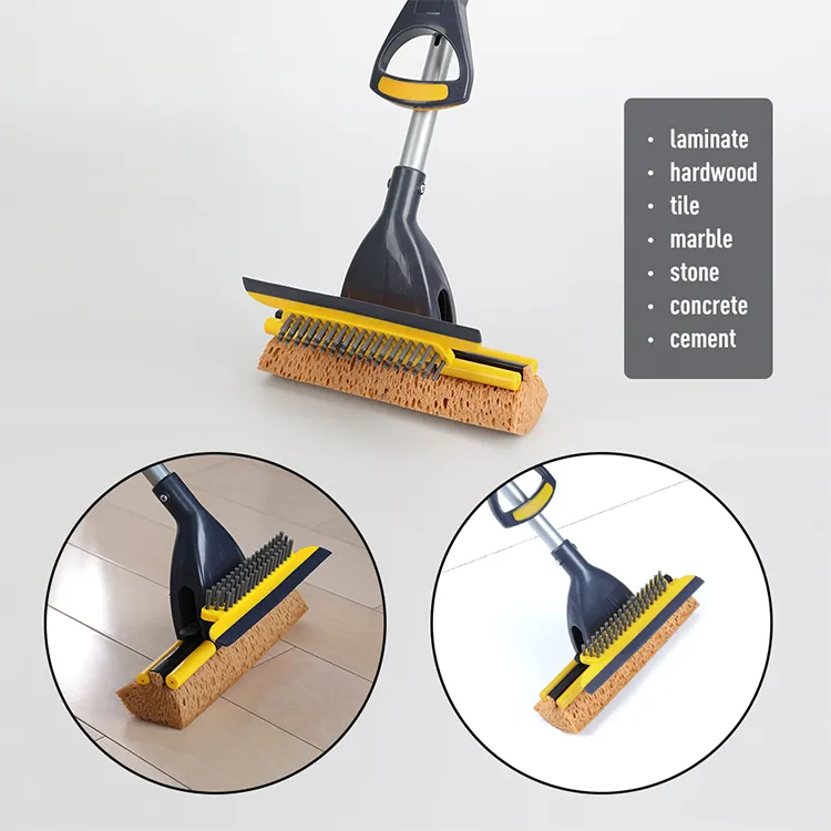 Boomjoy New Double Sides Sponge Mop with Brush Extendable Telescopic Long Handle 41-53 Inches Easily Dry Wringing Mop