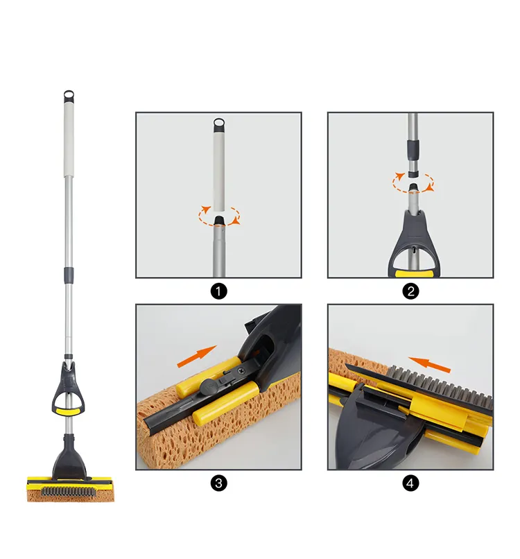 Boomjoy New Double Sides Sponge Mop with Brush Extendable Telescopic Long Handle 41-53 Inches Easily Dry Wringing Mop