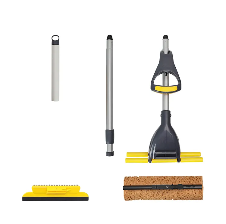 Boomjoy New Double Sides Sponge Mop with Brush Extendable Telescopic Long Handle 41-53 Inches Easily Dry Wringing Mop