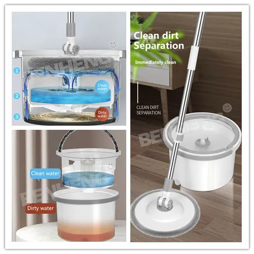 BSCI Factory New Generation Clean Dirty Separated Microfiber Round Mop Spin 360 Flat Mop Bucket Floor Wet Cleaning Mop