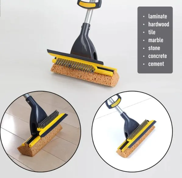 Double Sides Sponge Mop with Brush Extendable Telescopic Long Handle Easily Dry Wringing Mop