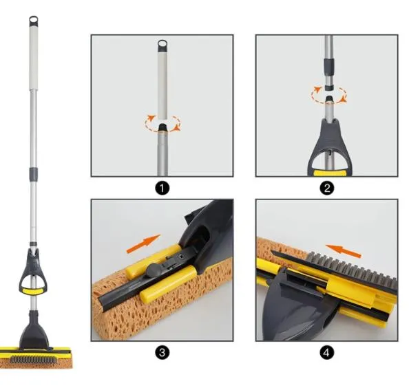 Double Sides Sponge Mop with Brush Extendable Telescopic Long Handle Easily Dry Wringing Mop