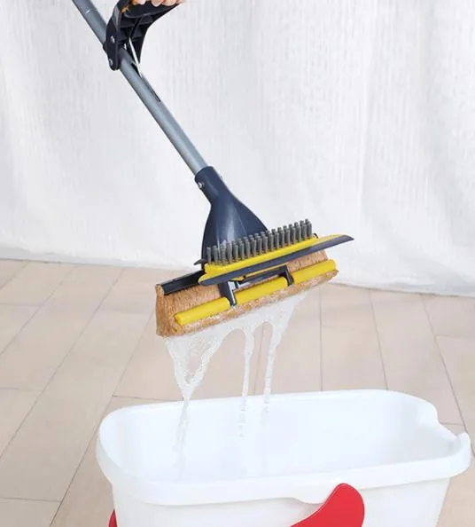 Double Sides Sponge Mop with Brush Extendable Telescopic Long Handle Easily Dry Wringing Mop