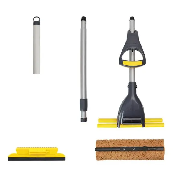 Double Sides Sponge Mop with Brush Extendable Telescopic Long Handle Easily Dry Wringing Mop