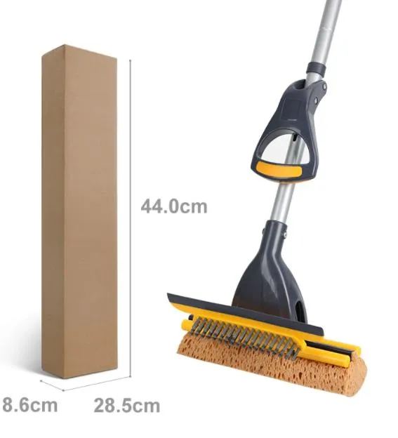 Double Sides Sponge Mop with Brush Extendable Telescopic Long Handle Easily Dry Wringing Mop