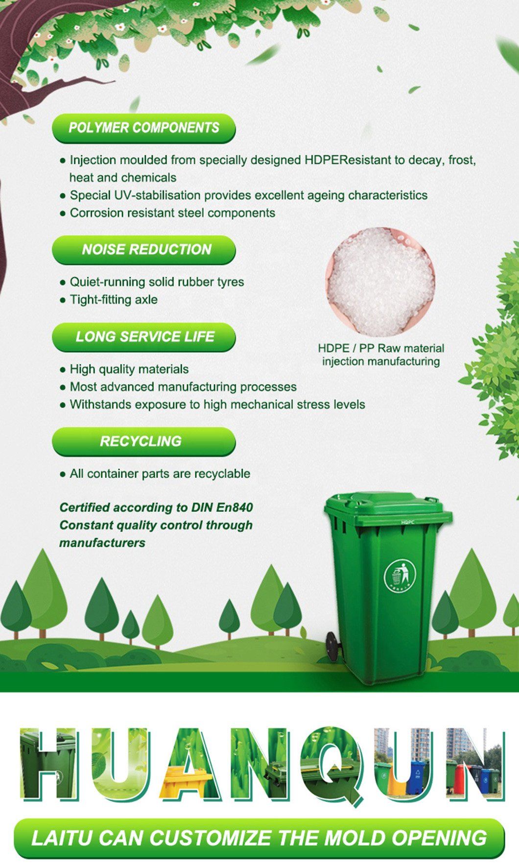 Green Yellow Color Garbage Bin 13 Gallon Trash Can 120 Liter Plastic Dustbin