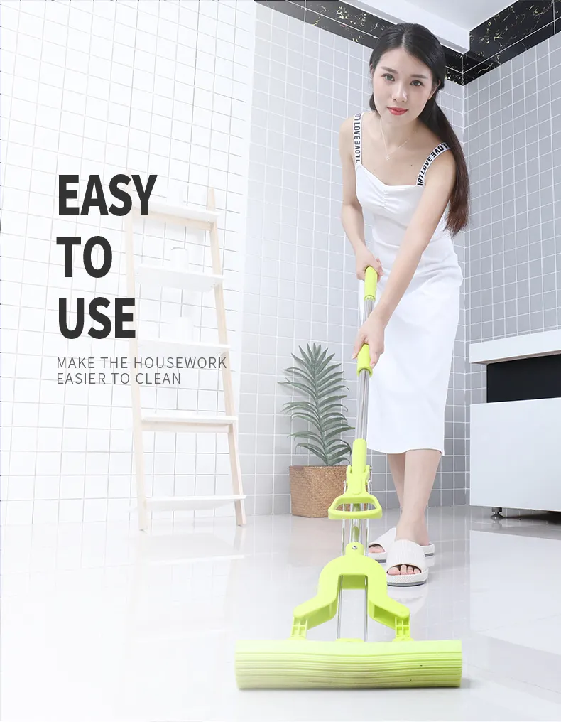 Sponge Mop Home Commercial Use Tile with 2 Sponge Head Floor Bathroom Garage Cleaning Easily Dry Wringing Stainless Steel Handle Pole Mop